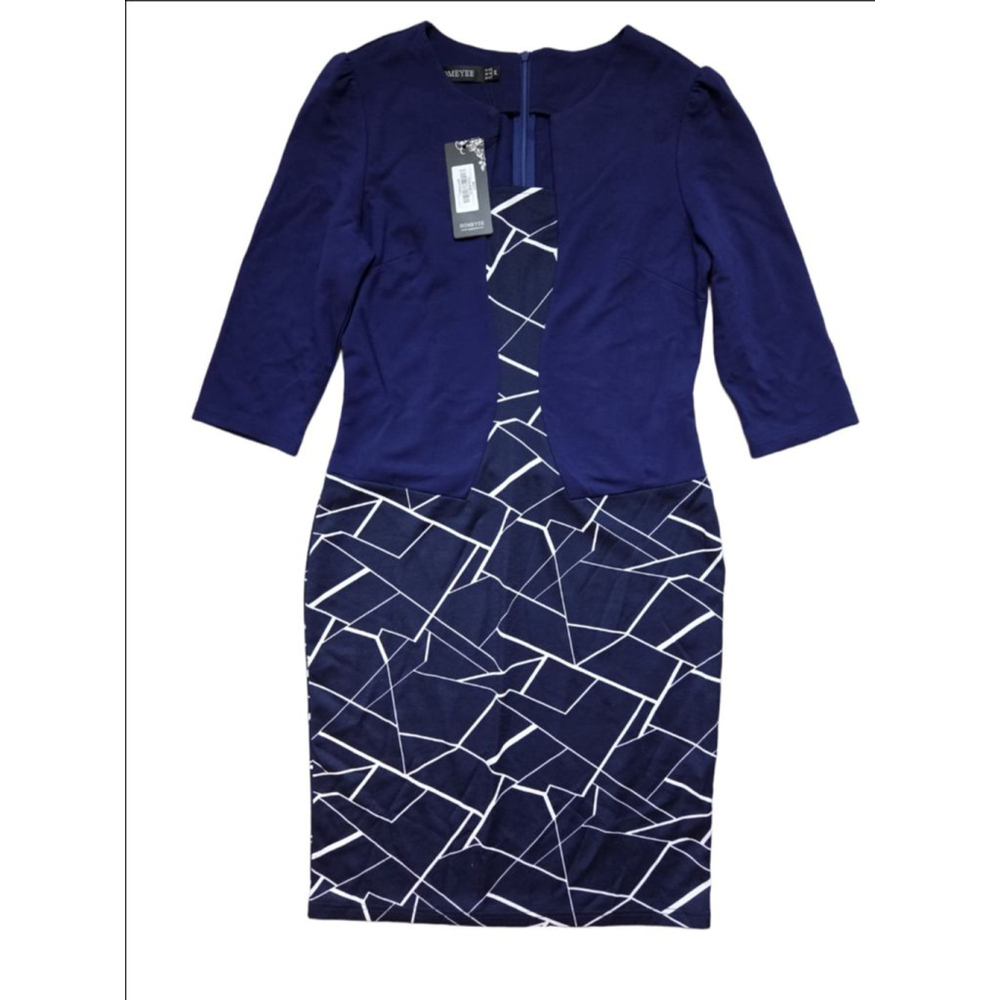 Navy Geometric Midi Sheath Dress with Three-Quarter Sleeves